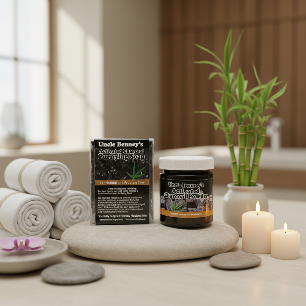 activated charcoal soap bar, activated charcoal powder, charcoal skincare set, charcoal face mask kit, detox soap, purifying soap bar, deep cleansing soap, pore cleansing skincare, oily skin cleanser, blackhead cleansing soap, natural charcoal skincare, Uncle Benney's charcoal soap, Activated Charcoal Powder and Purifying Soap Bar Combo for deep cleansing, detox skincare, and oil control by Uncle Benney's.