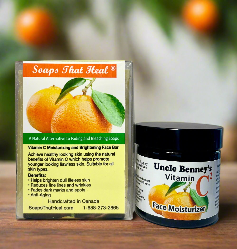 This duo is specially formulated to tone, hydrate, and revive your complexion for a healthy, youthful glow. Includes: Soaps That Heal Vitamin C Natural Skin Brightening Face Bar & Uncle Benney's Vitamin C2 Face Moisturizer. Cleanse and moisturize daily without irritation - perfect for all skin types.