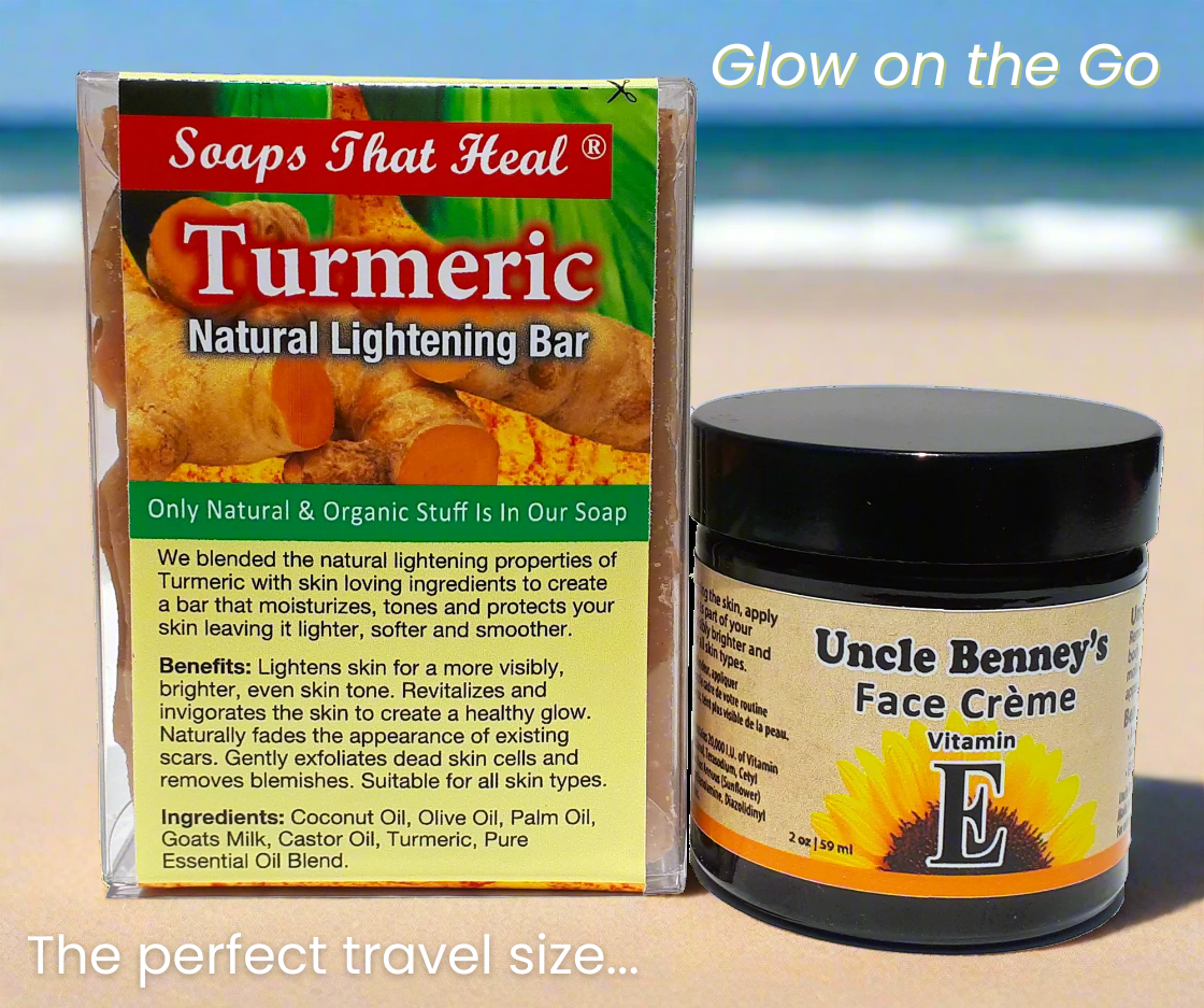 Turmeric natural lightening bar and Uncle Benney's Face Crème with beach background
