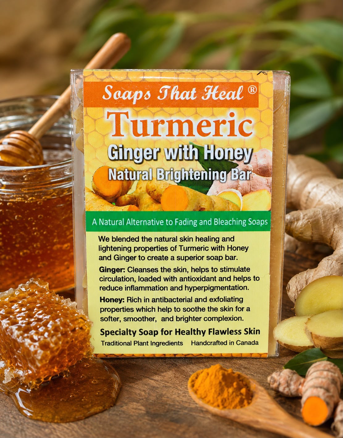 Soaps That Heal Specialty Soap - Organic Turmeric Ginger with Honey Brightening Bar Cleanses the skin, helps to stimulate circulation, loaded with antioxidant and helps to reduce inflammation and hyperpigmentation.
antibacterial and exfoliating properties which help to soothe the skin for a softer, smoother, and brighter complexion. Turmeric: Naturally helps fade skin for a more visibly, brighter, even skin tone. Handcrafted soaps in canada