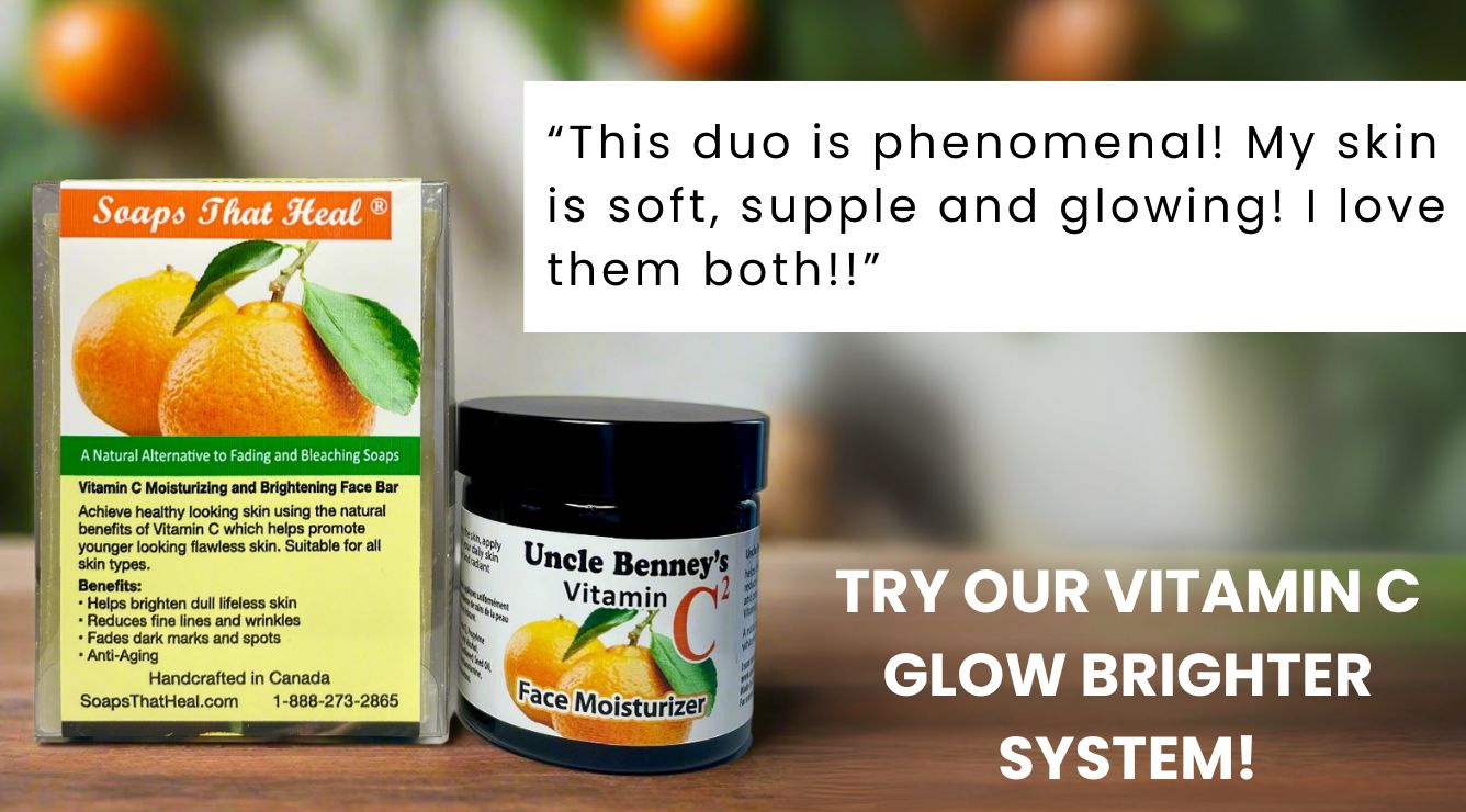 Glow Brighter System featuring a Vitamin C face bar and Vitamin C moisturizer. The soap is a bright, natural bar for gentle cleansing and promoting radiant skin, paired with a nourishing moisturizer that helps reduce dark spots, even skin tone, and protect against environmental stressors. uncle benney's brightening face moisturizer, soaps that heal vitamin c face bar, the best vitamin c serum for youthful skin
