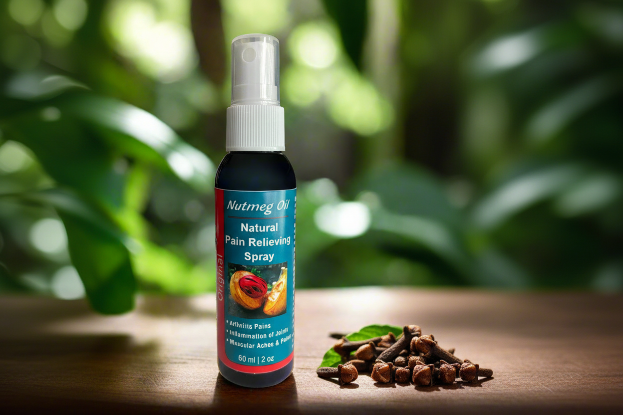 Clove and nutmeg essential oils in glass bottles with fresh clove buds and nutmeg seeds, highlighting natural pain relief, anti-inflammatory benefits, muscle and joint soreness relief, and herbal wellness solutions for chemical-free body care, uncle benney's, uncle benny's, soaps that heal, oil blends, oilblends