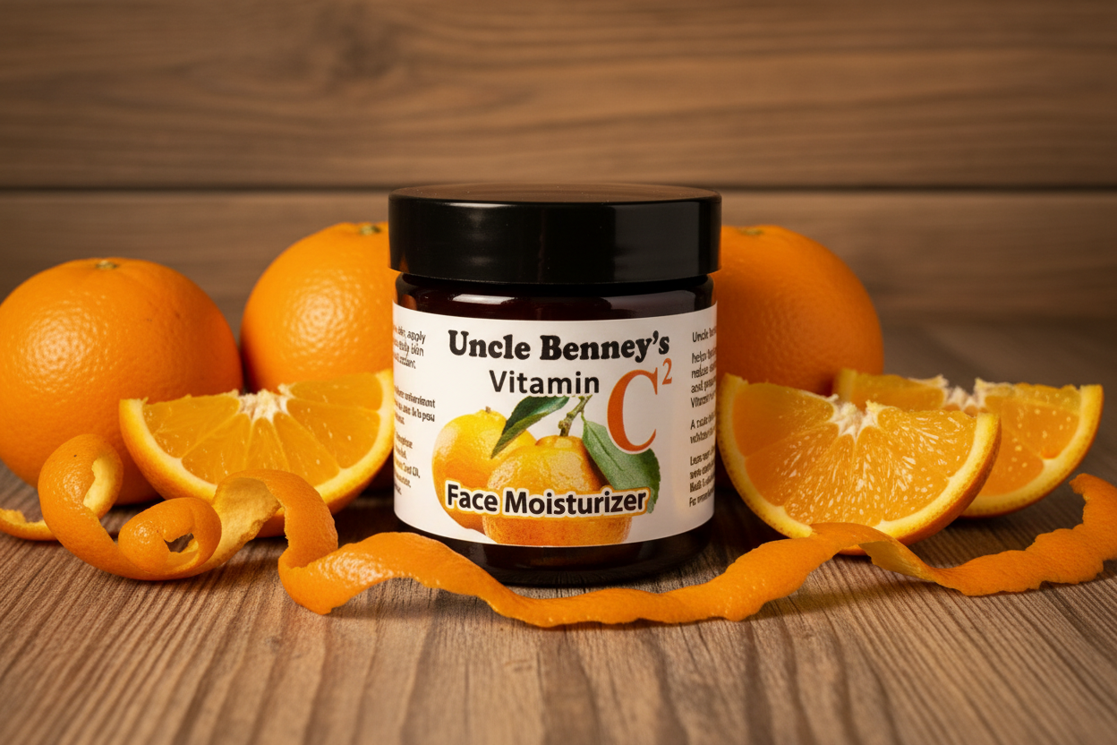 Jar of Uncle Benney's Vitamin C2 Face Moisturizer with oranges on a wooden background. acne products , face cream, face moisturizer, glowing skin, how to clear acne, how to clear your skin, how to have Glowing Skin, how to hydrate skin, how to nourish skin, natural skincare products, skin hydration, skincare, skincare routine, skincare tips, vitamin c for skincare, vitamin c face mask butter, VITAMIN C SERUM,Is vitamin C good for hyperpigmentation? Skincare available at Clore Beauty Supply, BSW, BCI Keele,