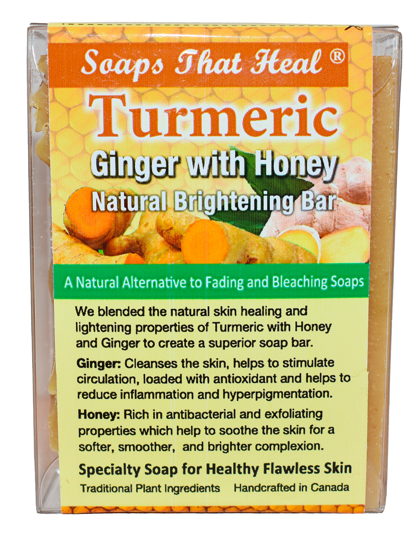 Turmeric Ginger with Honey Brightening Bar an effective solution for facial hyperpigmentation. Infused with turmeric, ginger, and honey, it helps reduce dark spots, promoting a brighter, even-toned complexion,Ginger:  Cleanses the skin, helps to stimulate circulation, loaded with antioxidant and helps to reduce inflammation and hyperpigmentation.  Honey:  Rich in antibacterial and exfoliating properties which help to soothe the skin for a softer, smoother,  and brighter complexion. cold press,soap
