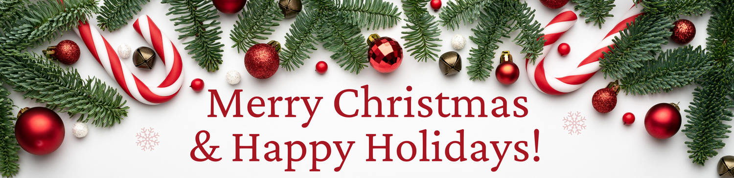 Christmas-themed border with ornaments and candy canes on a white background, featuring 'Merry Christmas & Happy Holidays!' text. from OilBlends products, healthy skincare products for the new year 