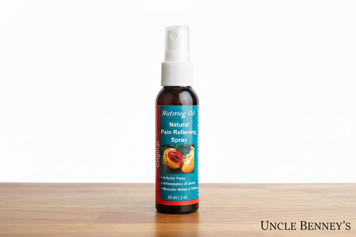 Relieve aches naturally with Uncle Benney’s Nutmeg Pain Relief Spray, a plant-based pain relief solution infused with pure nutmeg oil. This natural topical pain relief spray helps ease joint pain, muscle soreness, and tension, providing quick, soothing relief for everyday discomfort. Trusted as a herbal remedy, it’s perfect for those seeking natural pain relief without harsh chemicals. Experience the benefits of nutmeg oil for pain, support your body with Uncle Benney’s effective, plant-based pain relief