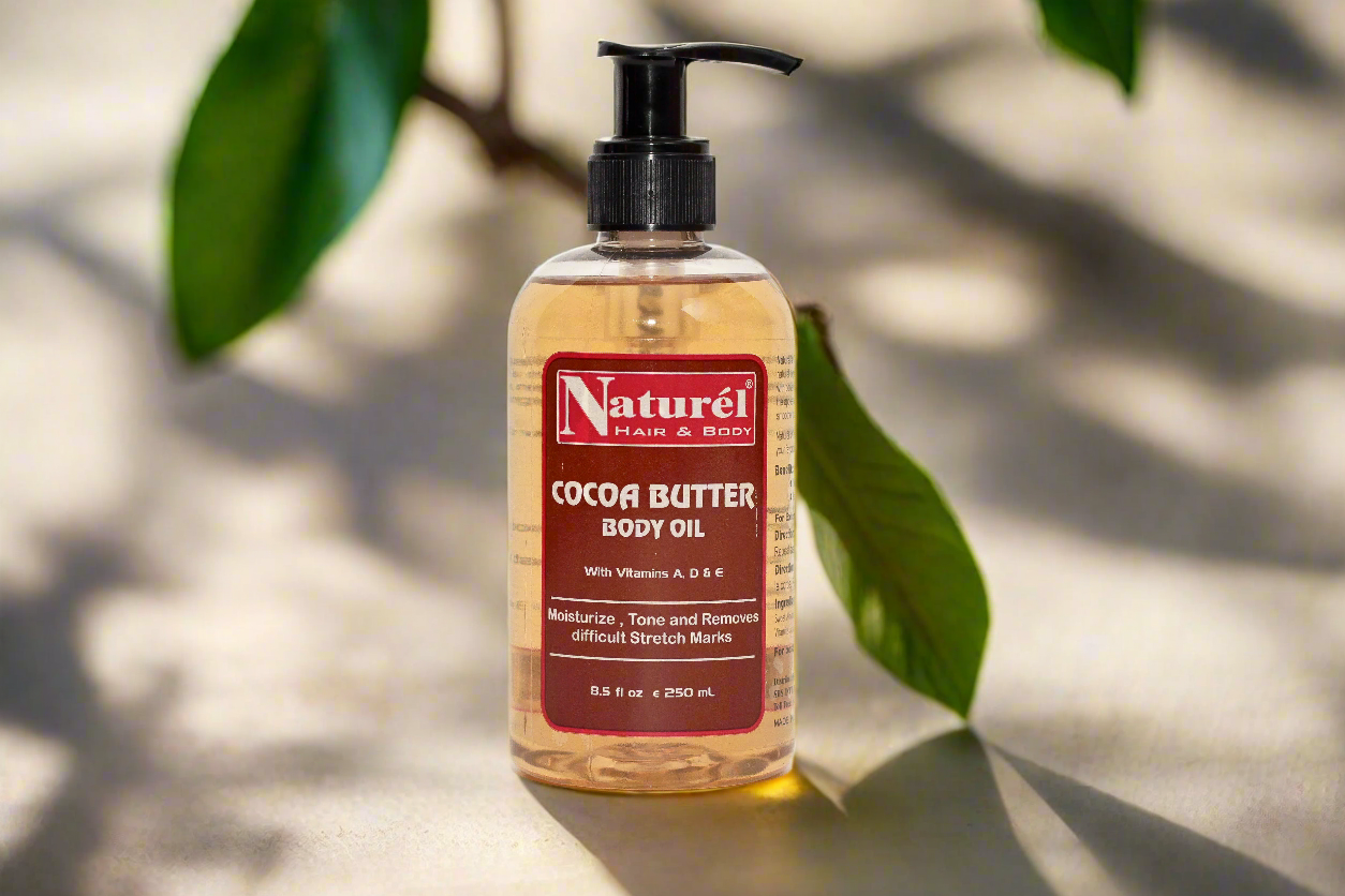 naturel hair and body Cocoa Butter Body Oil Perfect for daily use, this oil is an effective solution for dry skin and stretch marks, providing lasting moisture and a natural, healthy glow. Ideal for all skin types, it’s the ultimate choice for skin that needs extra care and nourishment.