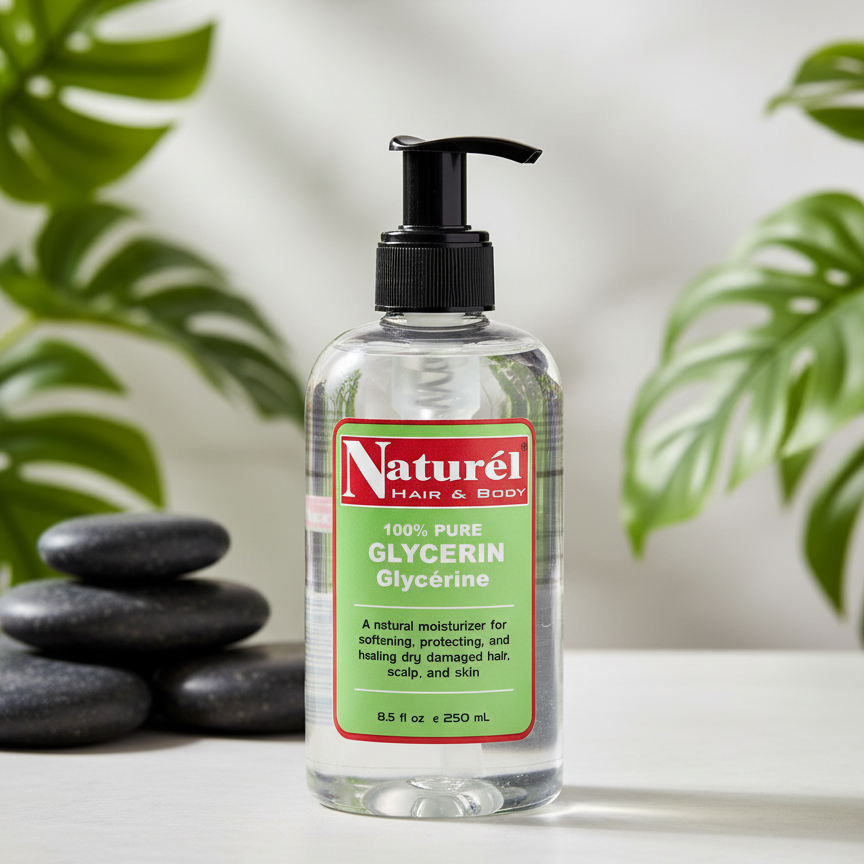 Bottle of Naturel 100% Pure Glycerin with a green label on a white surface with blurred green leaves in the background. Naturel Hair and Body pure glycerin oil. Smooths & Softens Skin Texture. By drawing water into the outer layer of the skin, glycerin helps smooth rough patches, soften dryness, and improve overall skin texture, making the skin feel silky and healthy.