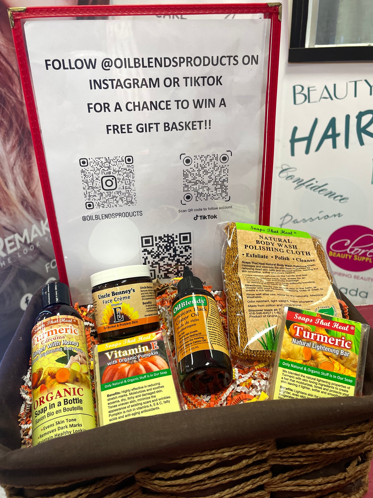 Giveaway basket featuring OilBlends, Soaps That Heal, and Uncle Benney’s natural plant-based beauty products, including specialty soaps, nourishing body butter, hydrating toner, and premium oils—perfect for promoting healthy, radiant skin and targeting concerns like dark spots, acne, dryness, and aging