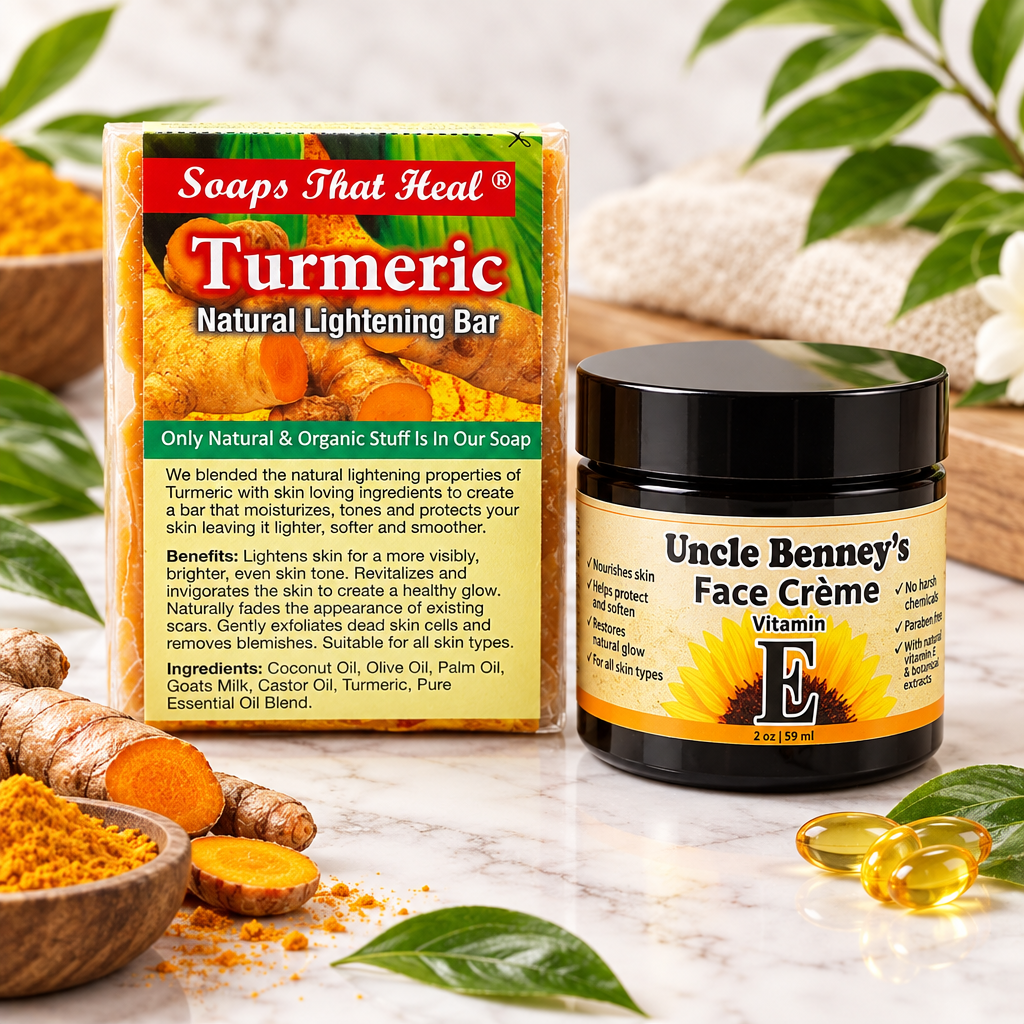 Turmeric Natural Lightening Bar and Vitamin E Face Moisturizer for nourishing skin and improving the appearance of dark marks and uneven skin tone