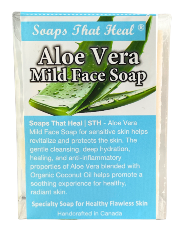 Soothe and refresh your skin with our Soaps That Heal&nbsp;Aloe Vera Mild Face Soap, specially crafted for sensitive skin types.&nbsp;

Enriched with pure aloe vera and nourishing coconut oil, this gentle formula provides a calming cleanse that hydrates and softens without stripping away natural moisture. Aloe vera is known for its anti-inflammatory and skin-repairing properties, making it ideal for delicate skin prone to irritation, while coconut oil delivers essential hydration