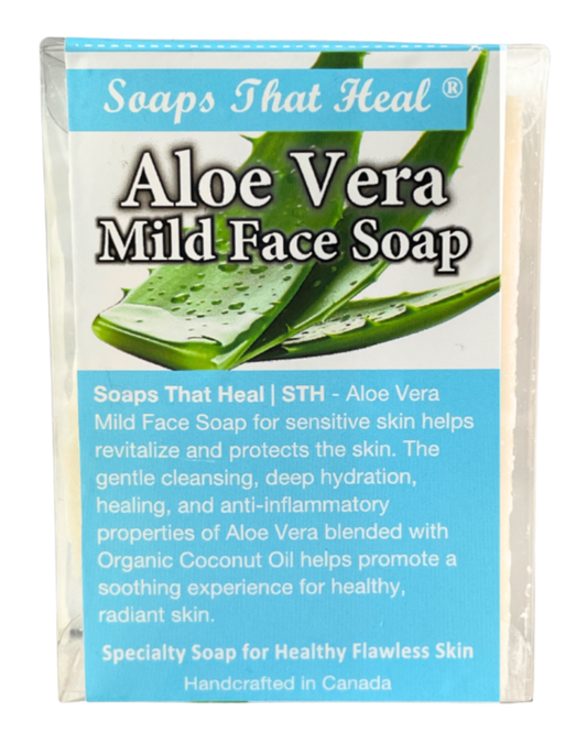 Soothe and refresh your skin with our Soaps That Heal&nbsp;Aloe Vera Mild Face Soap, specially crafted for sensitive skin types.&nbsp;

Enriched with pure aloe vera and nourishing coconut oil, this gentle formula provides a calming cleanse that hydrates and softens without stripping away natural moisture. Aloe vera is known for its anti-inflammatory and skin-repairing properties, making it ideal for delicate skin prone to irritation, while coconut oil delivers essential hydration