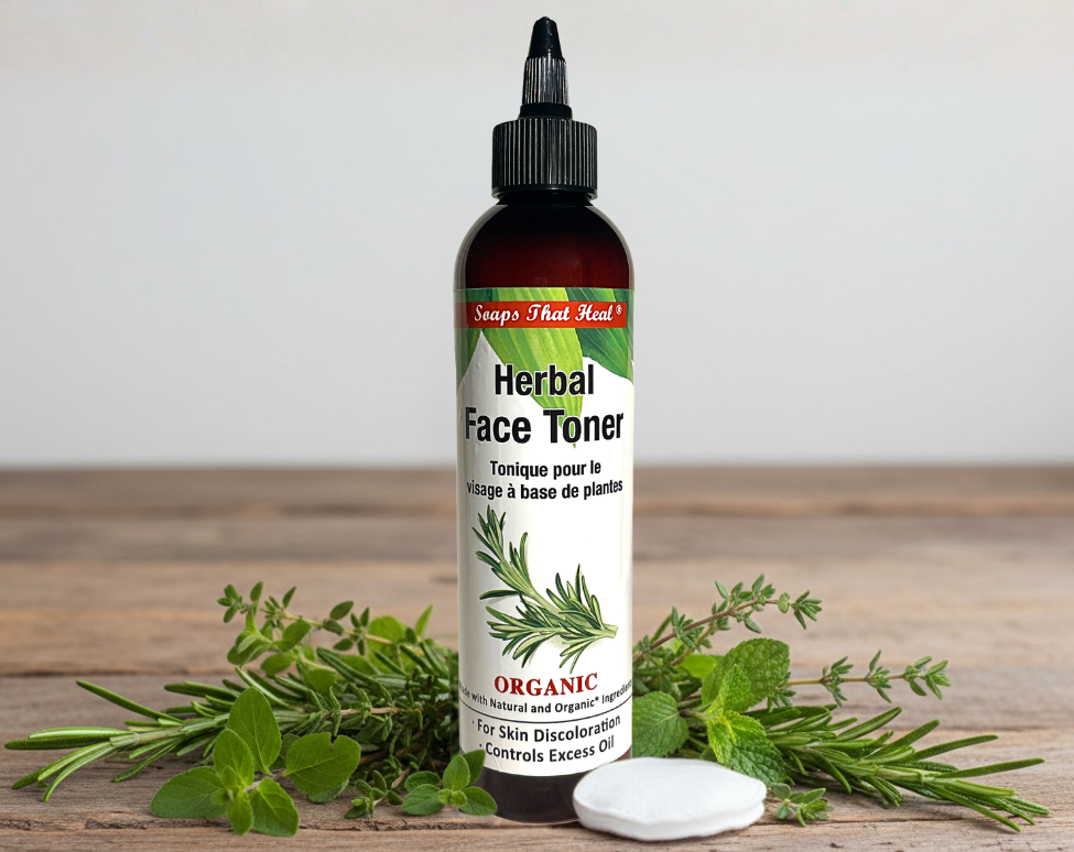 Herbal face toner bottle with green leaves on a wooden surface. Soaps That Heal Herbal Face Toner for skin discoloration. Natural face toner. cleanser to control excess oil, OilBlends products. toner helps balance the pH levels of the face, removes dirt, excess oil, make-up and impurities without stripping away the skin’s natural oils. It cleanses, hydrates, and prepares the face for other products. Organic ingredients, rosemary, thyme toner