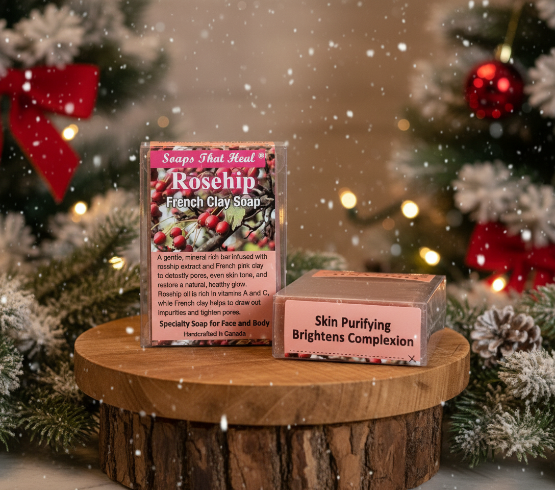 Two soap bars in clear packaging on a wooden surface, soaps that heal handcrafted in Canada, rosehip french clay soap helps to draw out impurities and tighten pores, skin purifying and brightens complexion, perfect skincare Christmas gift, holiday season natural gifts