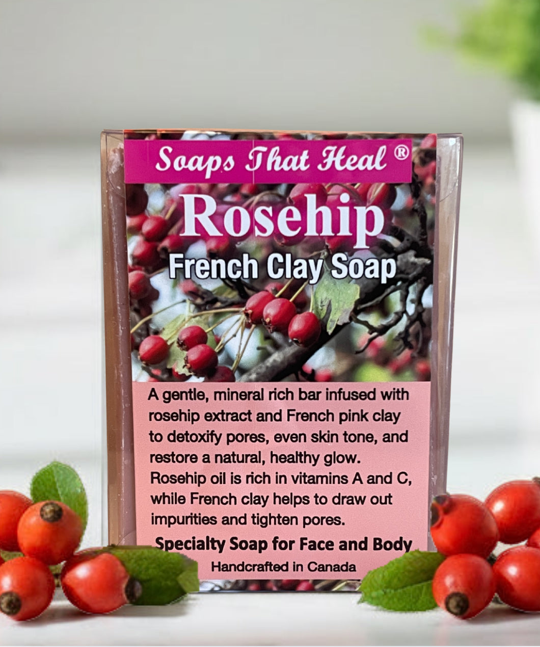 Soaps That Heal Rosehip pink French Clay Soap for skin brightening, handcrafted, all over body, cleanse, purify, and brighten your skin naturally.  mineral-rich formula blends rosehip extract with French pink clay to detoxify pores, even skin tone, and promote a healthy, glow. Safe and effective for  Dull or uneven skin tone, Congested or acne-prone skin, Sensitive skin needing a gentle detox, natural, plant-based cleanser, OilBlends products, 