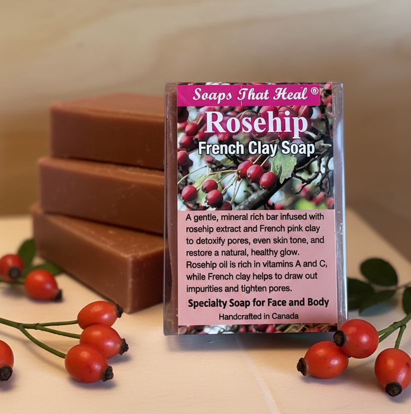 four organic soap bars, including a labeled ‘Soaps That Heal Rosehip French Clay Soap bar. Natural handmade skincare soaps with rosehip, French pink clay, and detoxifying plant-based ingredients displayed on a neutral background.