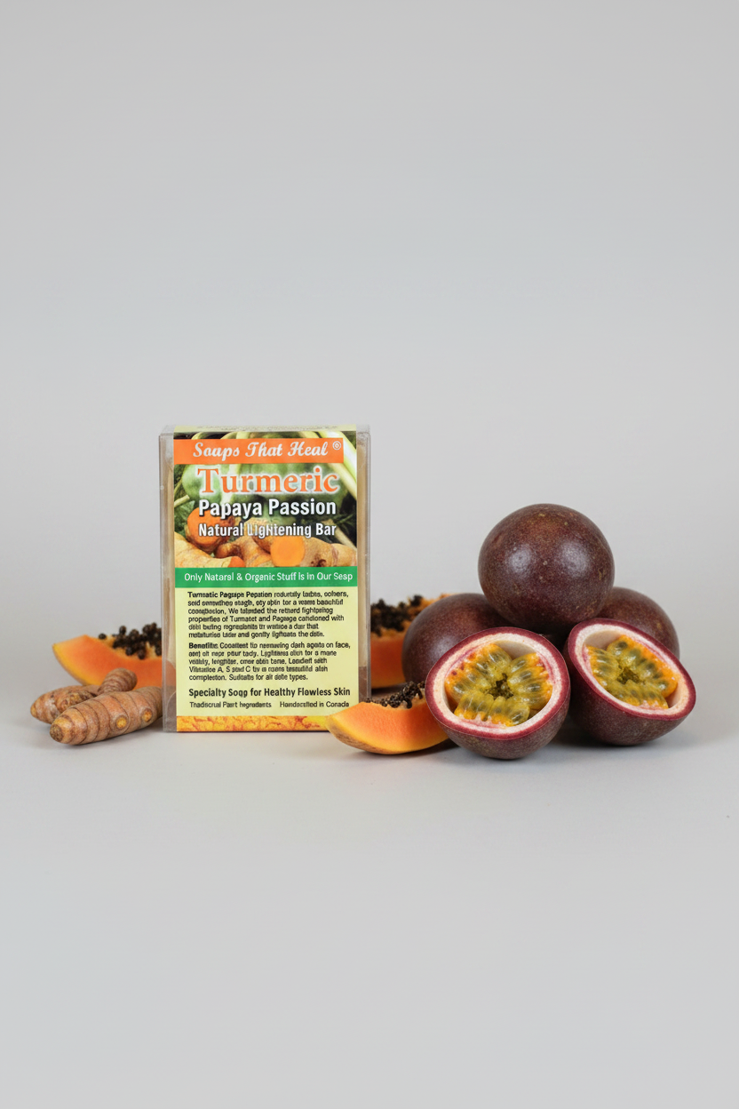helps fade dark marks and spots, soaps that heal, turmeric, papaya, passion fruit, shea butter, fa soaps natural lightening organic soap bar Handmade Moisturizing Nourishing Antioxidant Anti-inflammatory Exfoliating Cleansing Brightening Smoother skin Healing Anti-acne Gentle dark marks,handcrafted,cold press,soaps,oilblends,uncle benney's face and body, skin care, clear hyperpigmentation, acne prone skin care