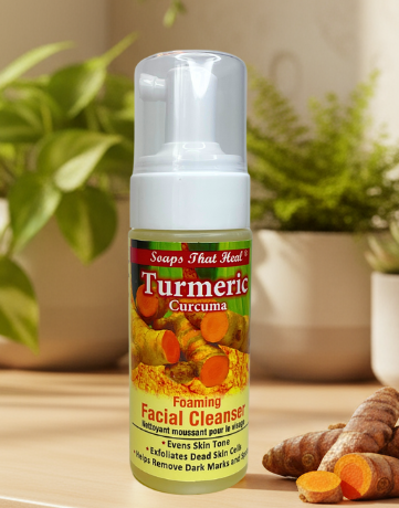 Gentle Turmeric Foaming Facial Cleanser removes dirt, fades dark spots, and improves hyperpigmentation for acne-prone and sensitive skin, natural skincare, skin lightening, dark spot removal, hyperpigmentation treatment, acne control, plant-based beauty, OilBlends, Soaps That Heal, Uncle Benney's, Toronto, Vancouver, Montreal, New York, London, Caribbean, Canada, USA, UK, France