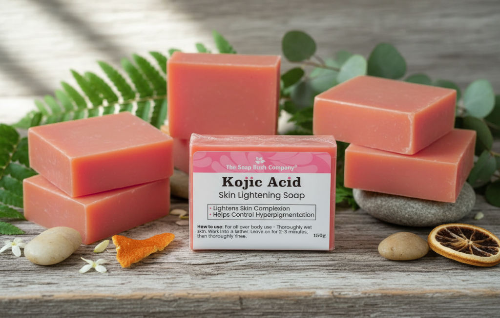 Buy the Soap Bush Company natural Kojic Acid Soap for dark spots, hyperpigmentation, acne scars and uneven skin tone. Gentle skin brightening for face and body.