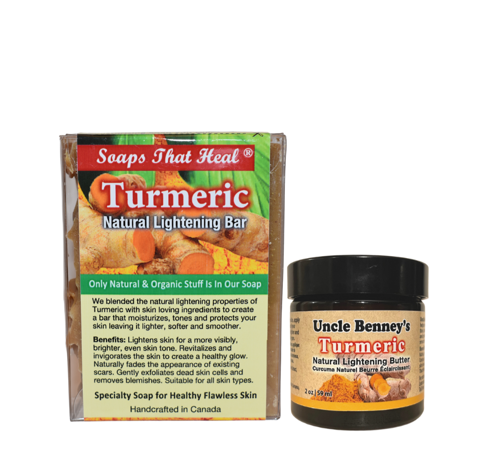 Turmeric natural lightening bar soap packaging and uncle benney's turmeric natural lightening small jar 