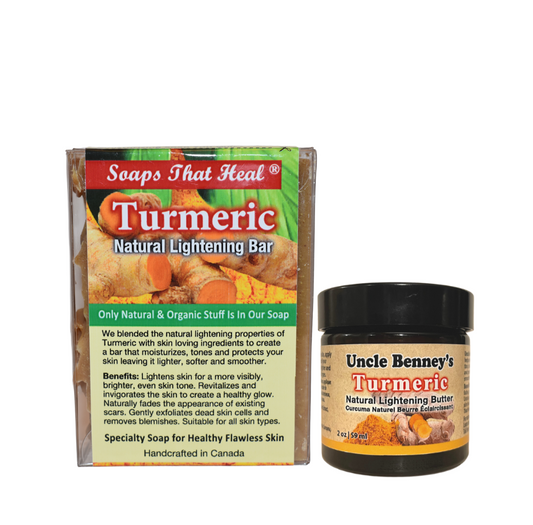 Turmeric natural lightening bar soap packaging and uncle benney's turmeric natural lightening small jar 