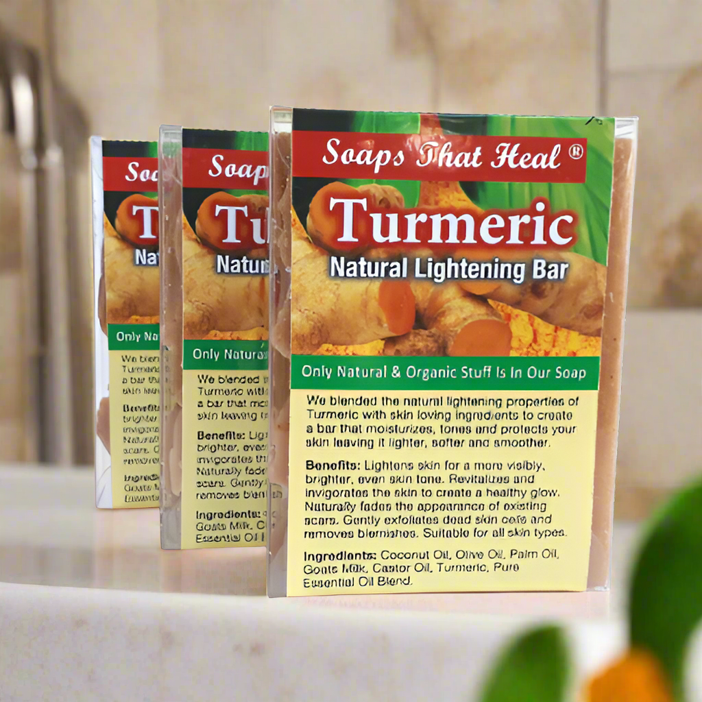 top selling turmeric soap made with real turmeric to naturally lighten and brighten the skin. urmeric has natural lightening properties which helps brighten the skin for a more visible, even skin tone and brighter complexion.