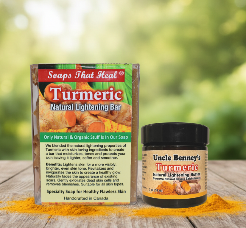 Wash and cleanse with the Soaps That Heal Turmeric Natural Lightening Bar Soap. Step 2: Moisturize with the Uncle Benney's Turmeric Natural Lightening Butter for a clear, bright even skin tone