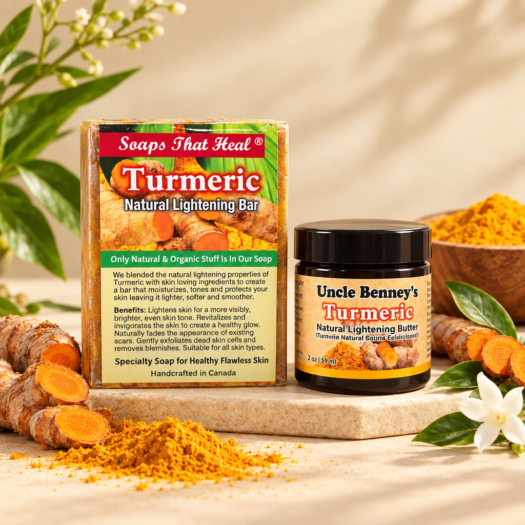 Turmeric Natural Lightening Bar and Turmeric Natural Lightening Butter skincare combo for dark marks, uneven skin tone and healthy-looking skin, soaps that heal, uncle benney's, oilblends, oil blends,