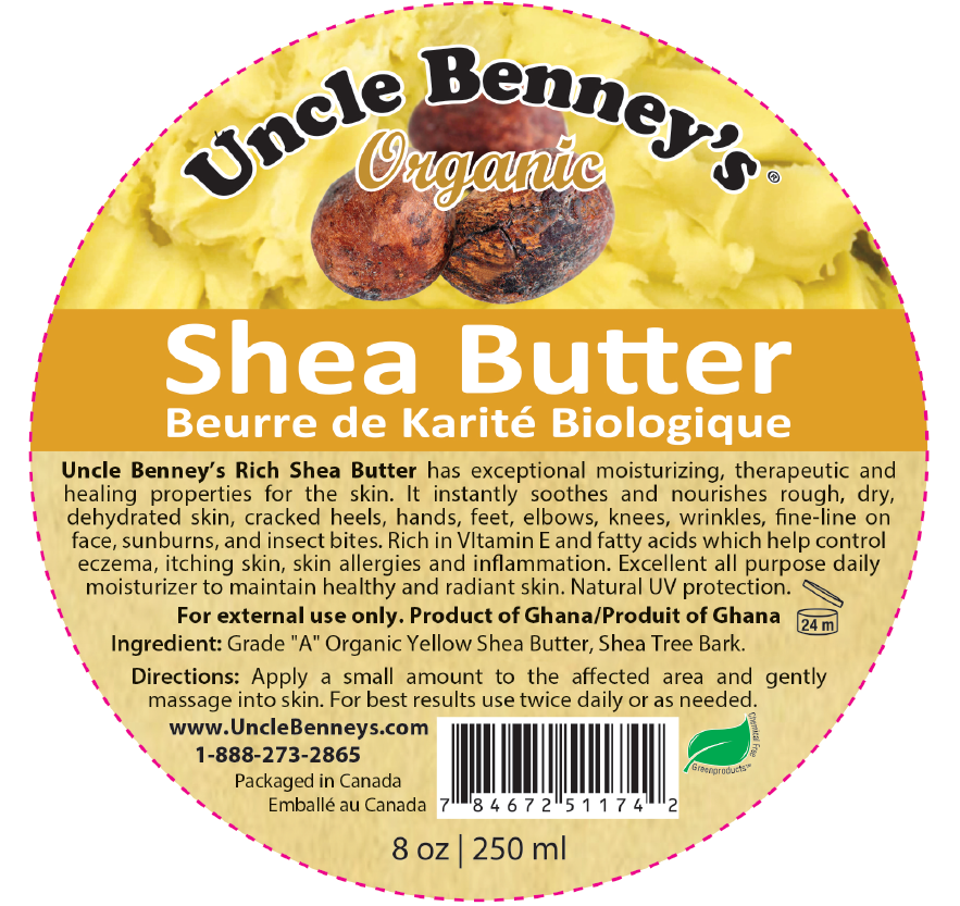 Uncle Benney's Organic Shea Butter is rich in nutrients, fatty acids, and vitamins. It has exceptional moisturizing, therapeutic and healing properties for the hair and skin.