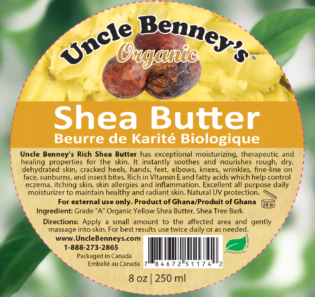 Uncle Benney's Organic Shea Butter is rich in nutrients, fatty acids, and vitamins. It has exceptional moisturizing, therapeutic and healing properties for the hair and skin.