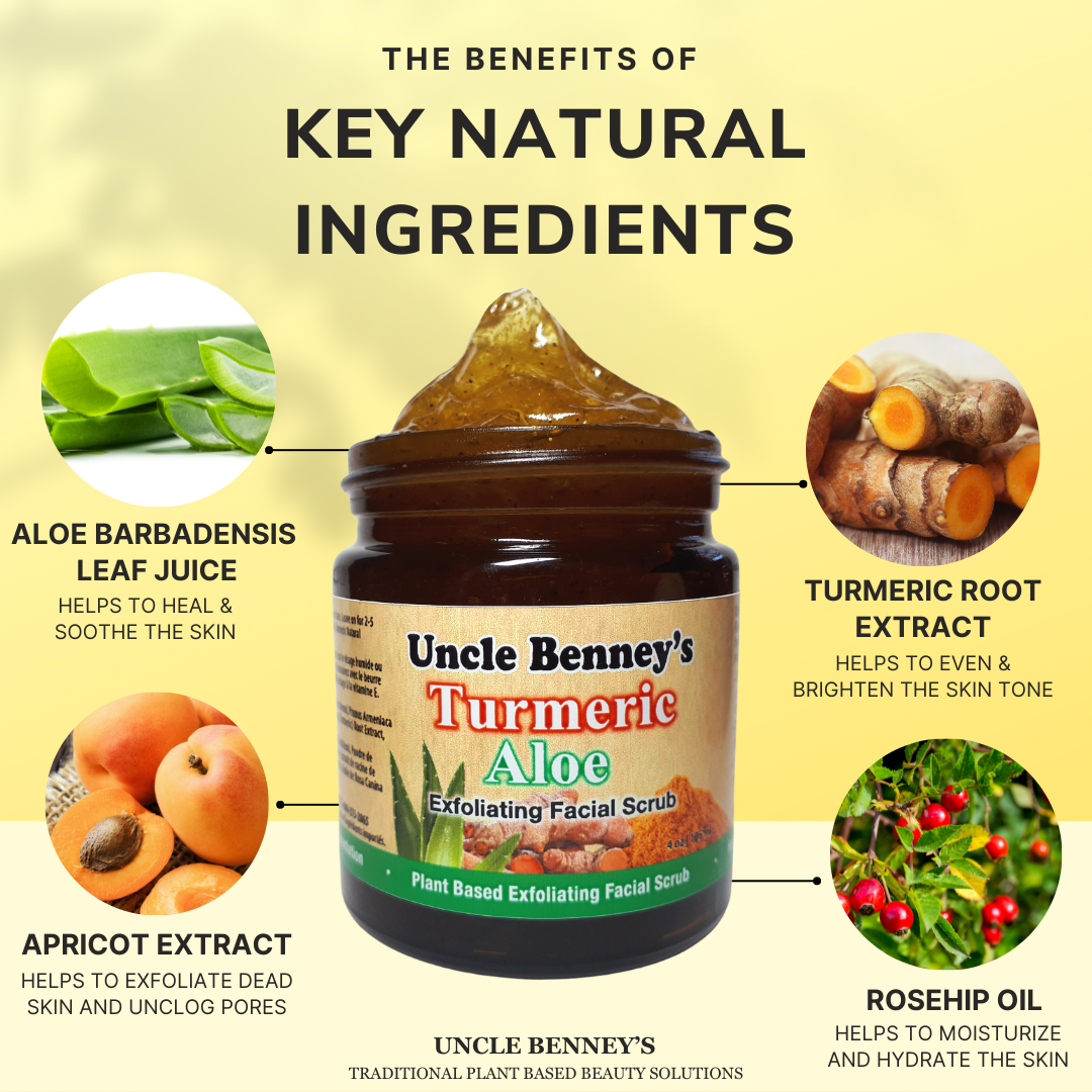 turmeric aloe facial scrub, natural ingredients, aloe vera juice turmeric root extract, apricot extract, rosehip oil