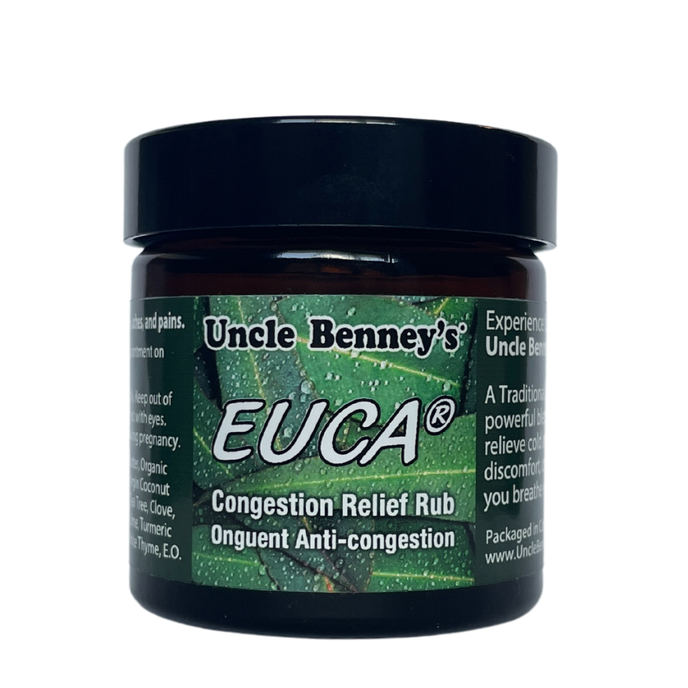Uncle benneys euca congestion relief rub with essential oils Relieve cold and flu symptoms 2.Respiratory discomfort Congestion, Aches and Pains 3.Relieve snoring conditions 4. Makes for easy breathing 