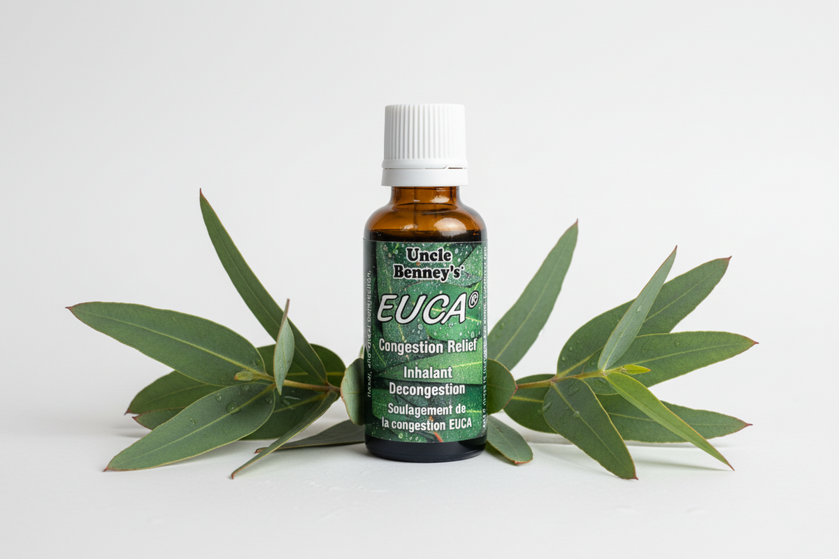What makes Uncle Benney's Eucalyptus Congestion Steam Relief so effective?
Uncle Benney's Eucalyptus Congestion Steam Relief Inhalant is a Traditional Caribbean remedy formulated with a powerful blend of pure plant oils including Eucalyptus, Peppermint, Tea Tree, Clove, Rosemary, Lavender, Lemon Lime, Frankincense, and White Thyme essential oils.
Helps relieve cold and flu symptoms, headaches, sinus, nasal, and chest congestion.
Breathe easier, soothe discomfort, and feel refreshed.