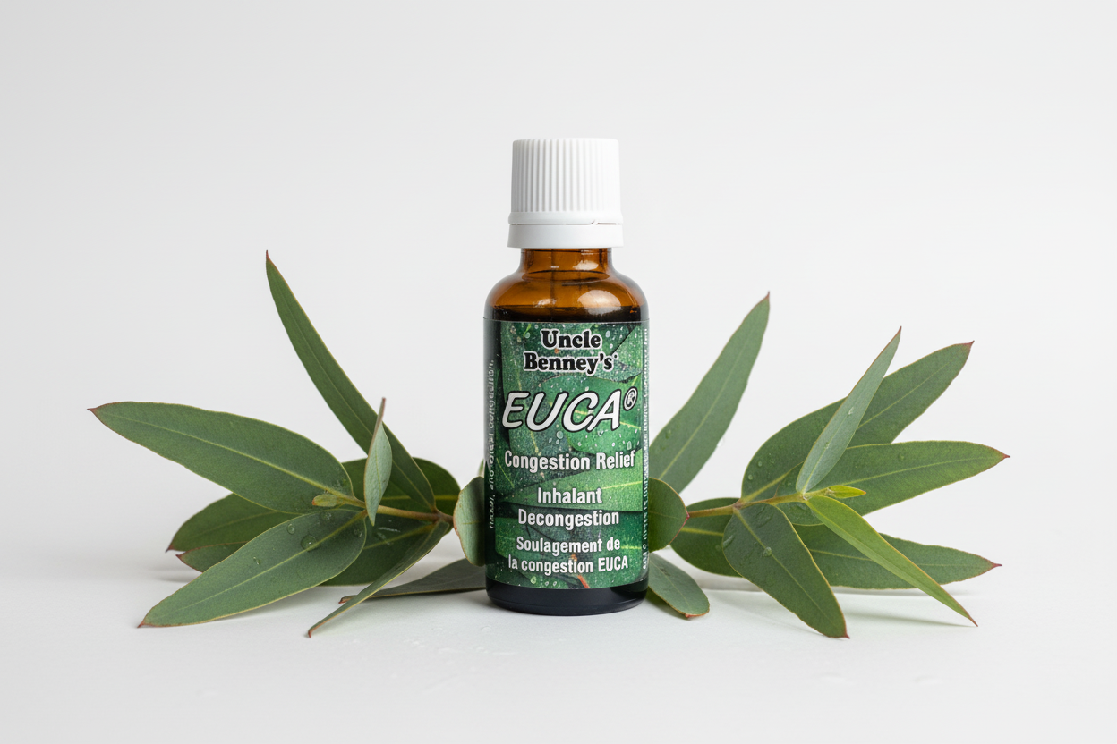 What makes Uncle Benney's Eucalyptus Congestion Steam Relief so effective?
Uncle Benney's Eucalyptus Congestion Steam Relief Inhalant is a Traditional Caribbean remedy formulated with a powerful blend of pure plant oils including Eucalyptus, Peppermint, Tea Tree, Clove, Rosemary, Lavender, Lemon Lime, Frankincense, and White Thyme essential oils.
Helps relieve cold and flu symptoms, headaches, sinus, nasal, and chest congestion.
Breathe easier, soothe discomfort, and feel refreshed.