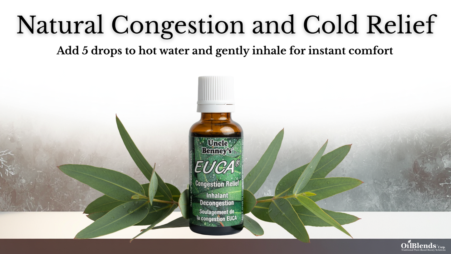 Uncle Benney's Eucalyptus Congestion Relief Inhalant - Colds, Flu, Stuffiness, Headache, Natural Decongestion. a Traditional Caribbean remedy formulated with a powerful blend of pure plant oils including Eucalyptus, Peppermint, Tea Tree, Clove, Rosemary, Lavender, Lemon Lime, Frankincense, and White Thyme essential oils, congestion relief essential oils, chest congestion relief essential oils, essential oils for sinus congestion relief, best essential oils for sinus and sinus relief, stuffiness