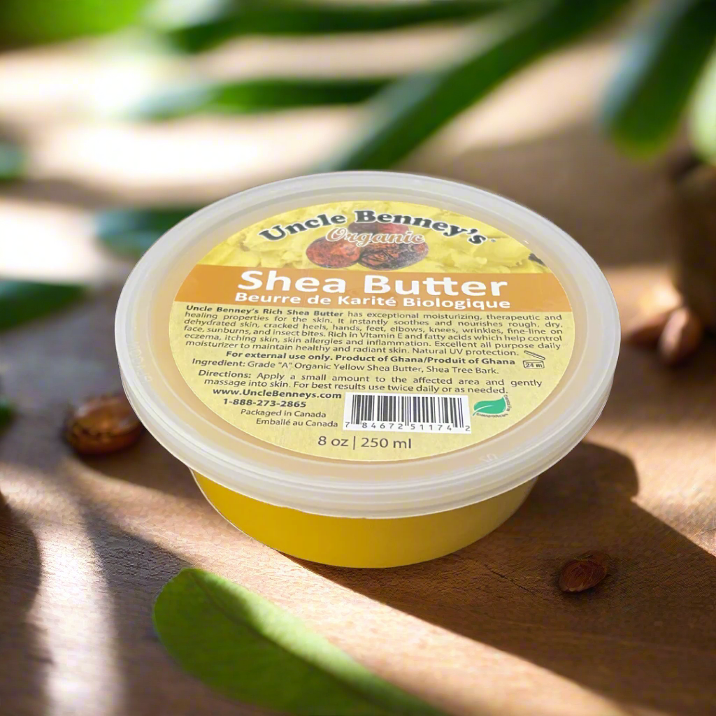 Uncle Benney's Organic Shea Butter is rich in nutrients, fatty acids, and vitamins. It has exceptional moisturizing, therapeutic and healing properties for the hair and skin.