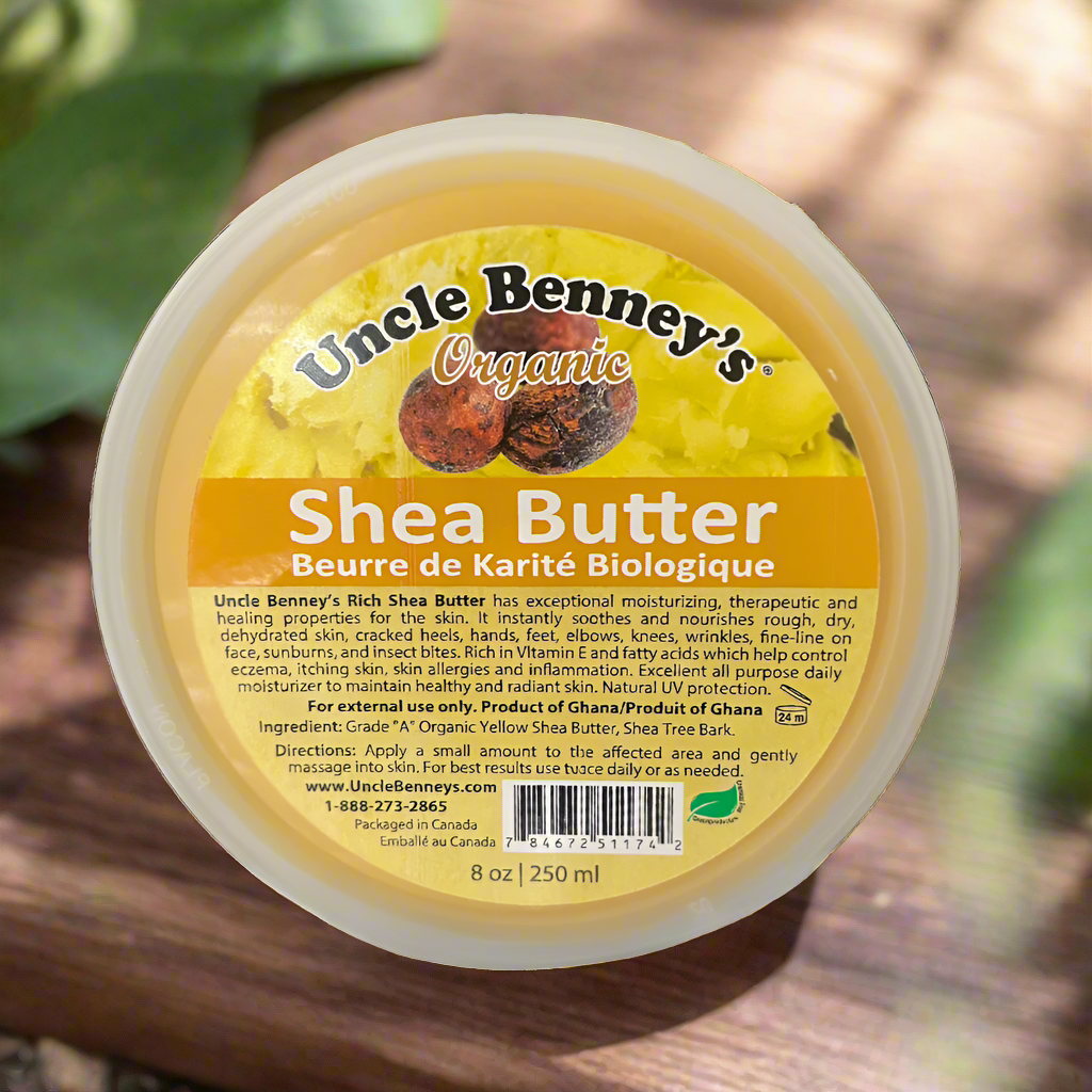 Uncle Benney's Organic Shea Butter is rich in nutrients, fatty acids, and vitamins. It has exceptional moisturizing, therapeutic and healing properties for the hair and skin.