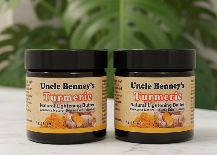 Two jars of Uncle Benney's Turmeric Natural Lightening Butter on a white marble surface with a green monstera plant in the background.