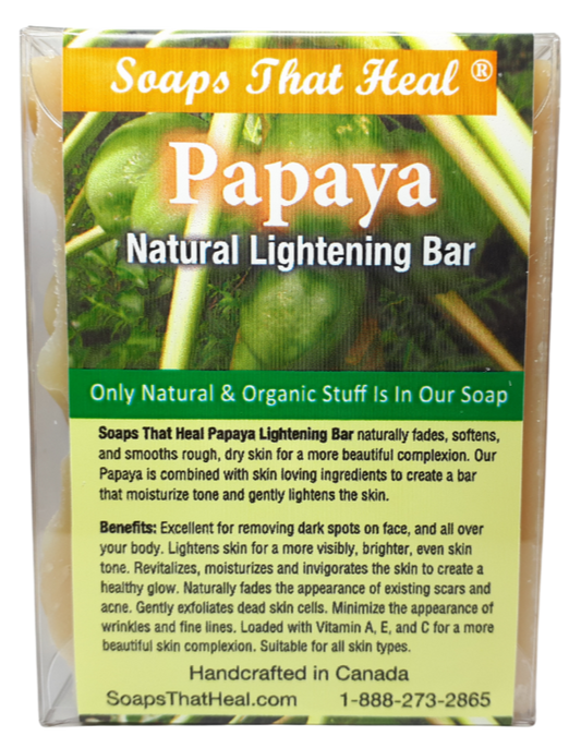Soaps That Heal - Papaya Natural Lightening,brightening Soap,even skin complexion,oilblends,oil blends,uncle benneys. Exfoliation: Papaya's enzymes remove dead cells. Vitamins: A,C,E promote repair,collagen,UV defense. Brightening: Lightens dark spots,hyperpigmentation. Moisturization: Hydrates,softens skin,What Are the Skin Benefits of Papaya Soap?How Does Papaya Soap Lighten Skin?Is Papaya Soap Effective for Acne?What Makes Papaya Soap a Natural Skincare Choice? Any Side Effects of Using Papaya Soap?