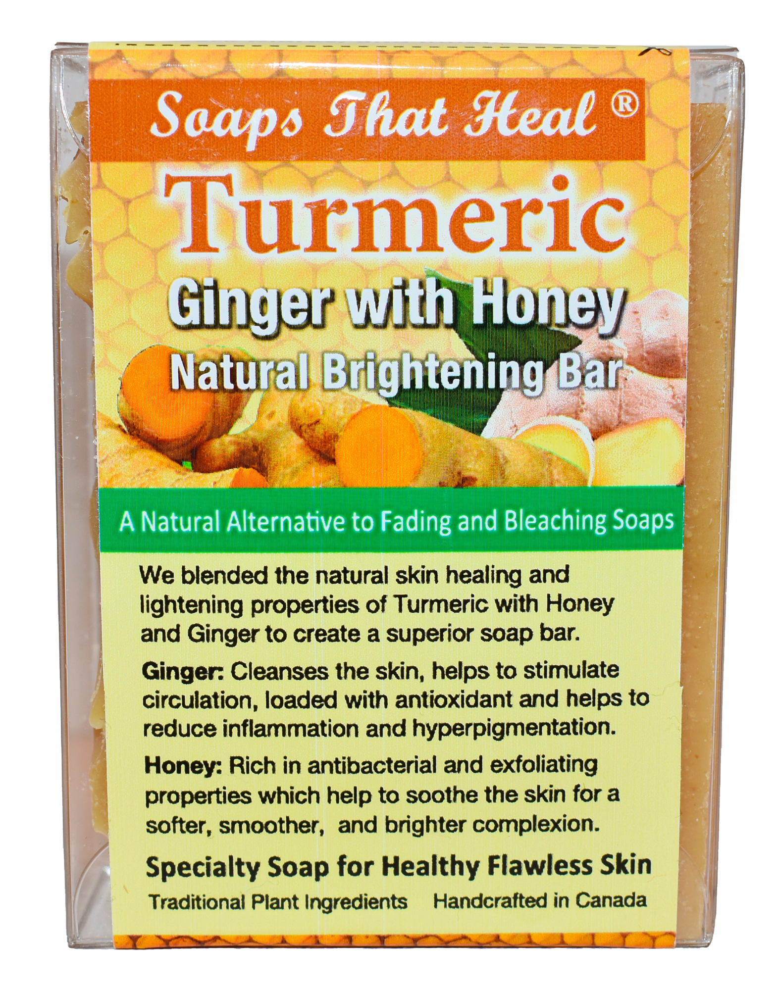 Turmeric Ginger with Honey Brightening Bar an effective solution for facial hyperpigmentation. Infused with turmeric, ginger, and honey, it helps reduce dark spots, promoting a brighter, even-toned complexion,Ginger:  Cleanses the skin, helps to stimulate circulation, loaded with antioxidant and helps to reduce inflammation and hyperpigmentation.  Honey:  Rich in antibacterial and exfoliating properties which help to soothe the skin for a softer, smoother,  and brighter complexion. 